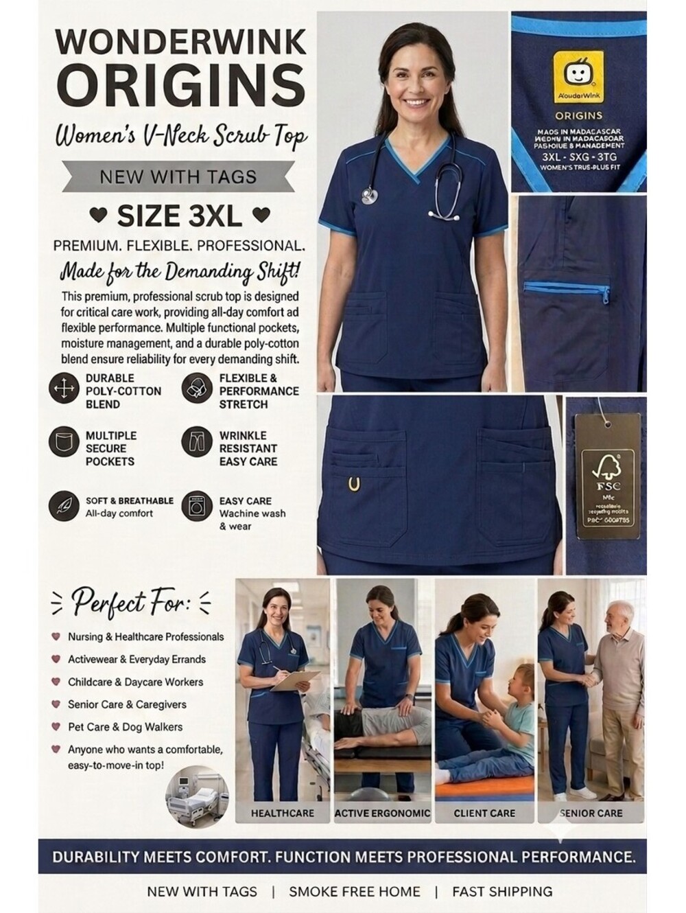 WonderWink Origins Scrub Top Womens 3XL Dark Teal Turquoise Y-Neck Pockets...